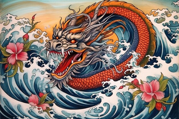 Painting of a dragon in the ocean with a wave and flowers generative ai