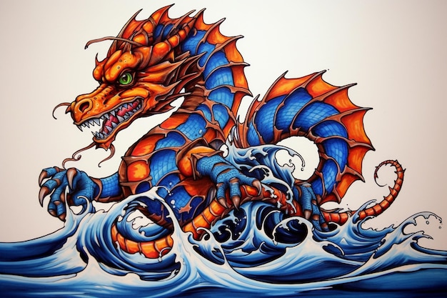 Painting of a dragon riding a wave with a fish in its mouth generative ai