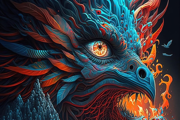 A painting of a dragon with a blue face and orange and red flames on the bottom.