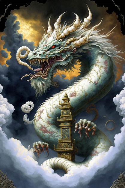 Painting of a dragon with clouds in the background generative ai