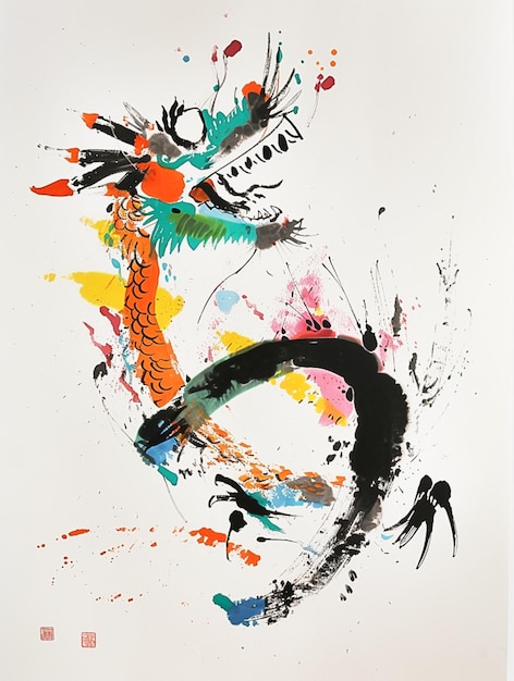 Painting of a dragon with colorful paint splatters on it