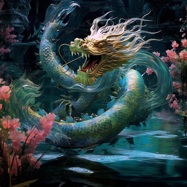 Painting of a dragon with a long tail in a pond generative ai