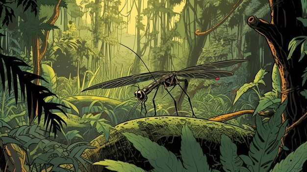 A painting of a dragonfly in the jungle