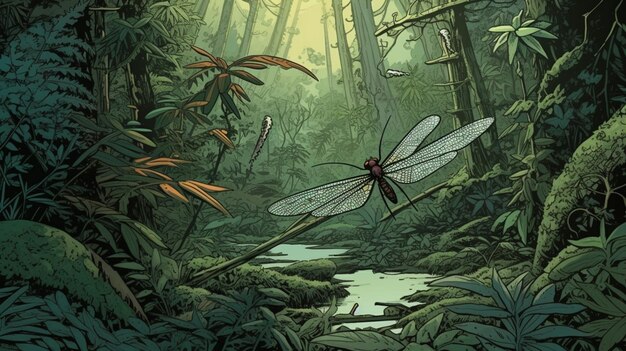 A painting of a dragonfly in a rainforest.