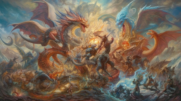 A painting of dragons fighting with a sky background