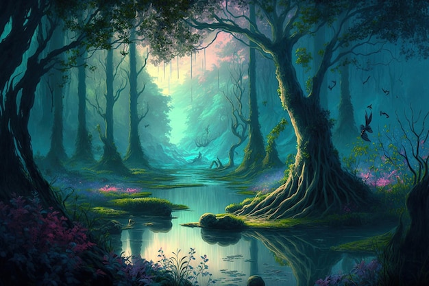 Painting of a dream landscape an enchanted woodland