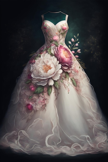 Painting of a dress with flowers on it generative ai