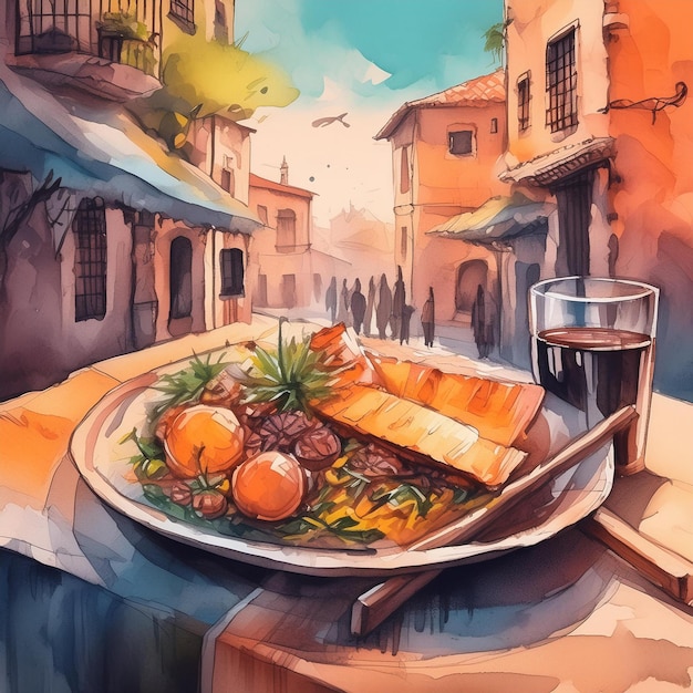 Photo a painting of a drink and a plate of food with a glass of wine