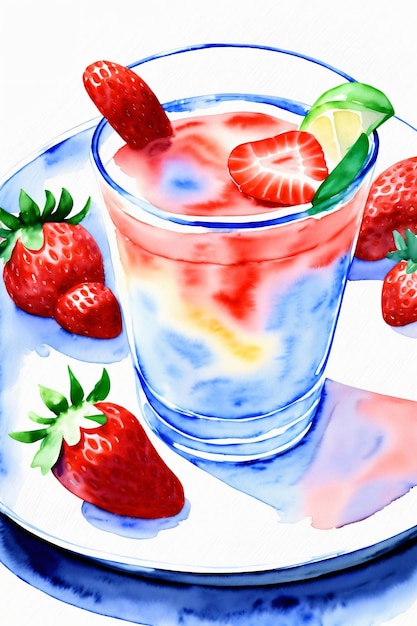 A Painting Of A Drink With Strawberries On A Plate