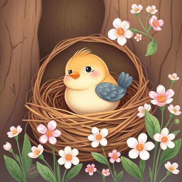 a painting of a duck in a nest with flowers and a bird