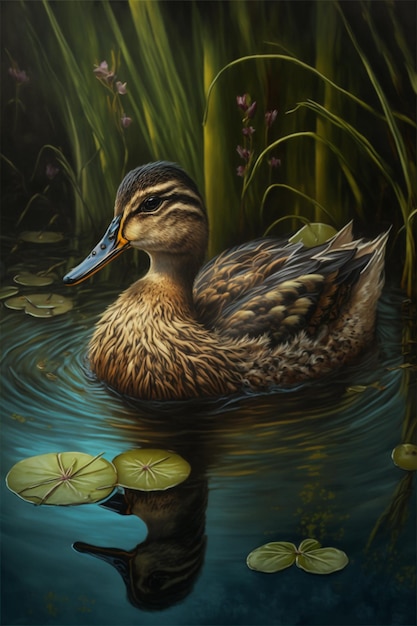 A painting of a duck in a pond with lily pads on the bottom.