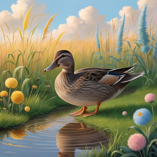 a painting of a duck with the reflection of the grass in the water