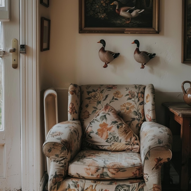 Photo a painting of ducks on a wall above a chair with a picture of ducks on it