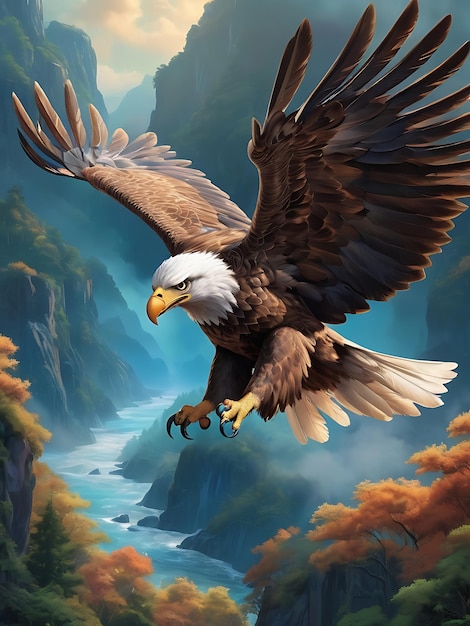 a painting of an eagle with a mountain in the background