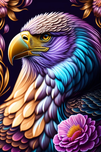 A painting of a eagle with a purple flower on the back