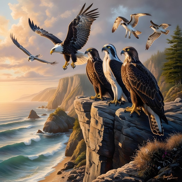 a painting of eagles one of which has a bird flying above it