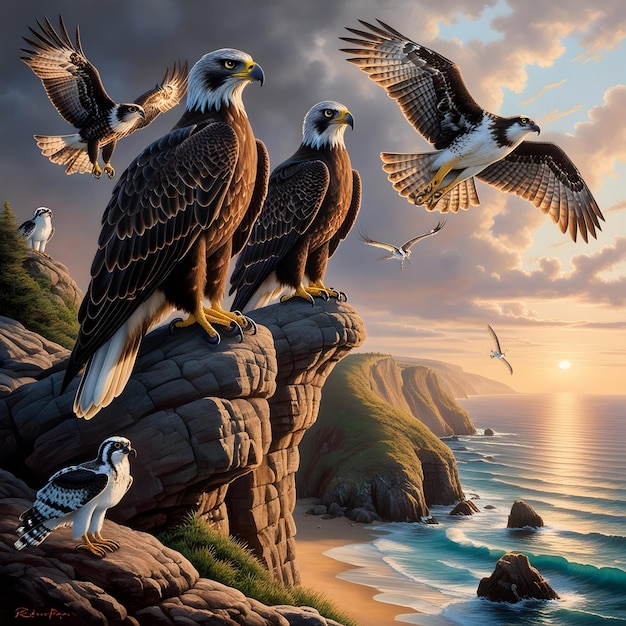 a painting of eagles one of which has a sunset in the background