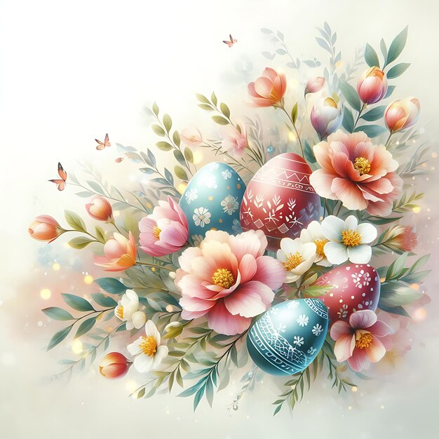 a painting of easter eggs and flowers with butterflies on it