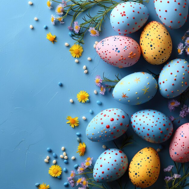 a painting of easter eggs with flowers and a blue background