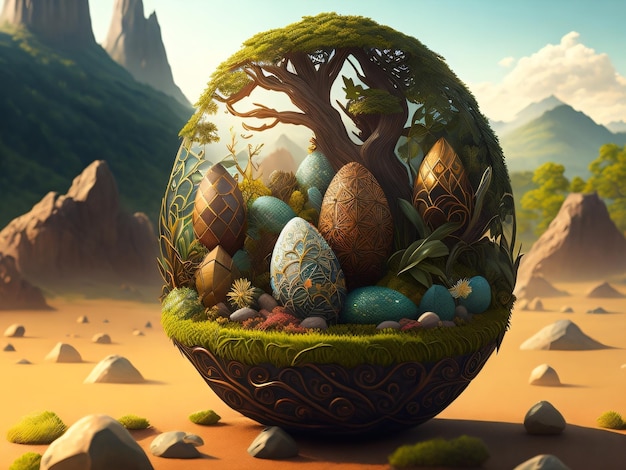 A painting of a egg with a tree and eggs