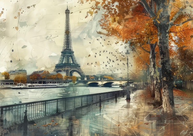 a painting of eiffel tower and a bridge over a river