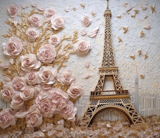 Painting of a eiffel tower with pink roses in the foreground generative ai