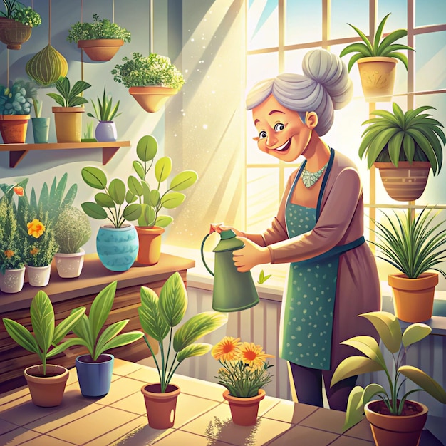 Photo a painting of an elderly woman watering plants in a room with a window behind her