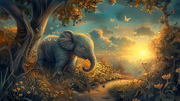 painting of an elephant in a forest with butterflies flying around generative ai