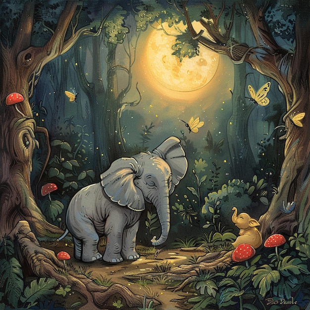 painting of an elephant and a rabbit in a forest at night generative ai