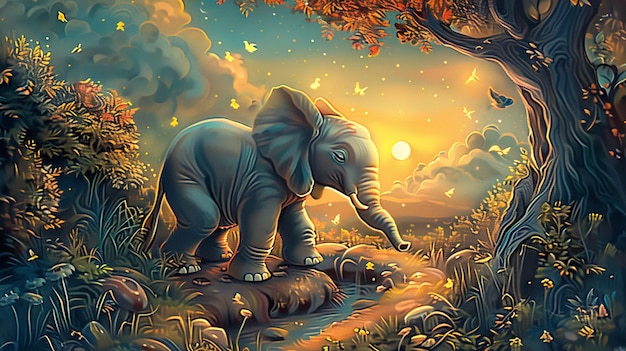 painting of an elephant standing on a rock in a forest generative ai