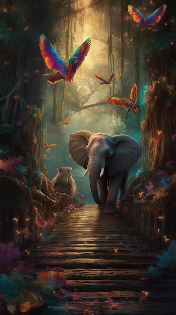 A painting of an elephant walking through a jungle with a colorful birds flying around.