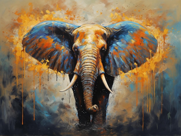 A painting of an elephant with blue tusks and yellow paint.