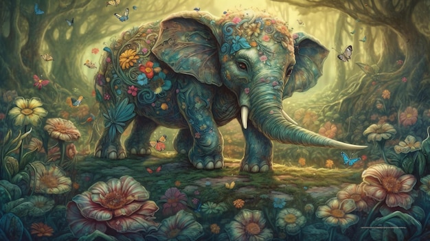 A painting of an elephant with flowers on it