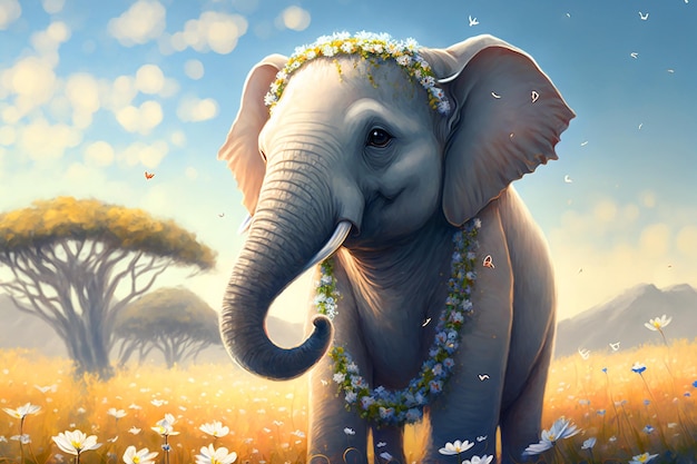 A painting of an elephant with flowers on its head