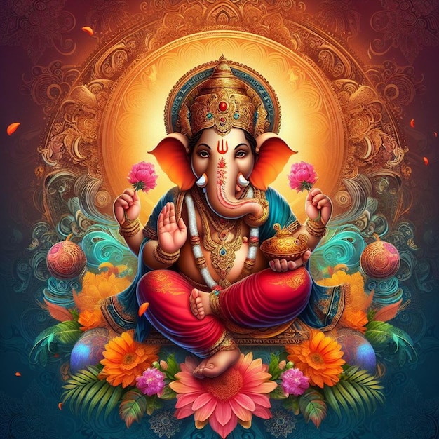 a painting of an elephant with flowers and a statue of deity