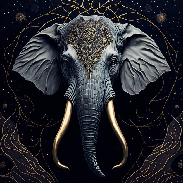 A painting of a elephant with a gold pattern on its head.