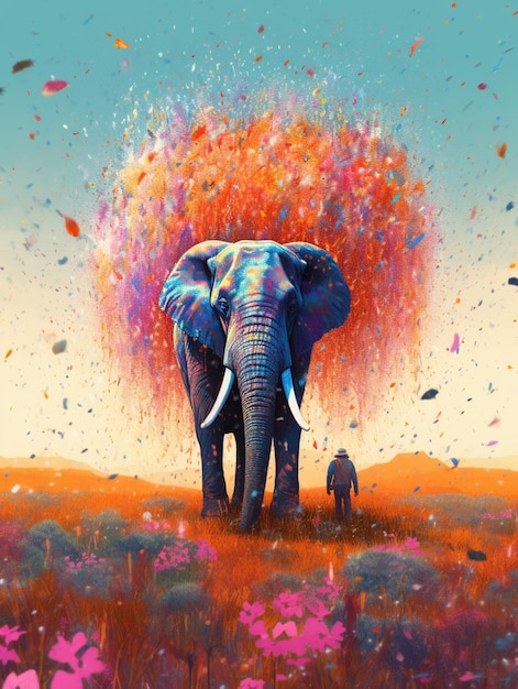 A painting of an elephant with a man walking in the background.