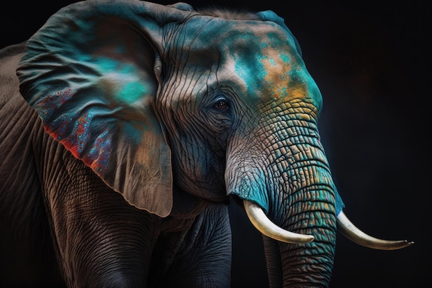 Painting of an elephant with multicolored paints on the face and tusks AI Generative