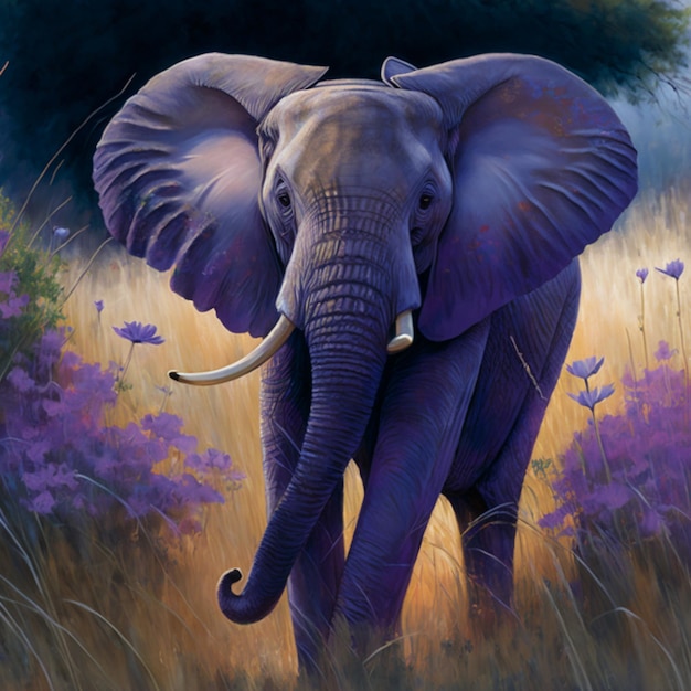 A painting of an elephant with a purple background and the word elephant on it.