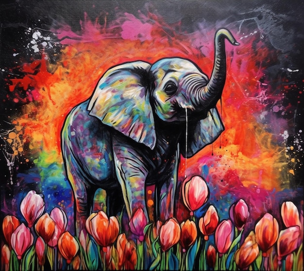 A painting of an elephant with tulips on it