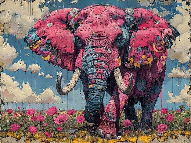 a painting of an elephant with tusks and flowers in the background