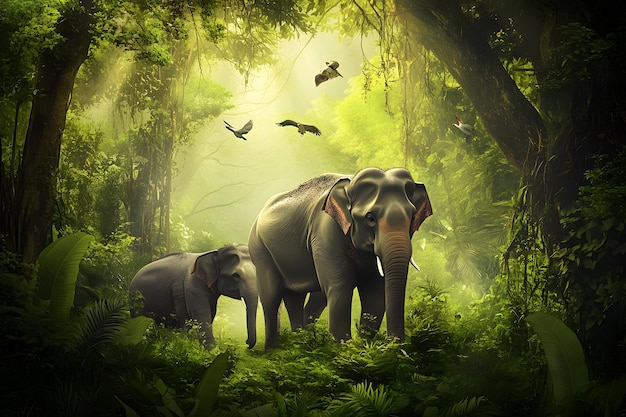 Photo a painting of elephants and birds in the forest