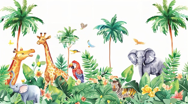 A Painting of Elephants and Giraffes in a Tropical Jungle Colorful Person in Vibrant Background a