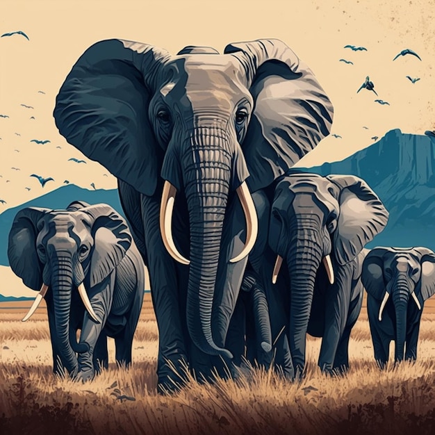 A painting of elephants walking in a field