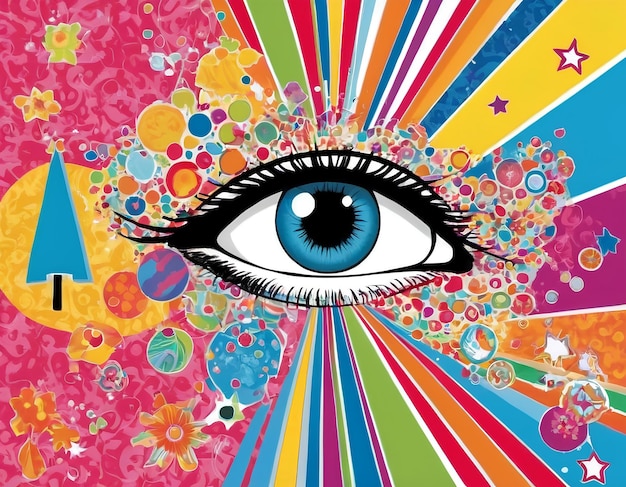 Photo a painting of an eye with a blue eye and a colorful background with many different colored circles