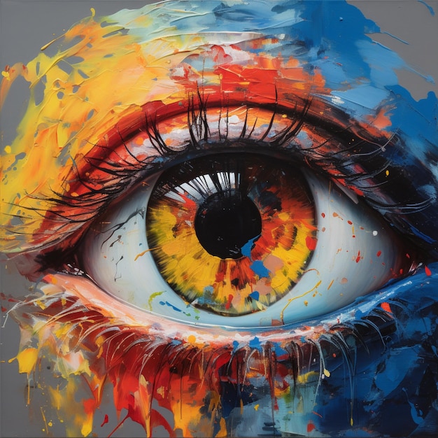 A painting of a eye with a blue and yellow eye.