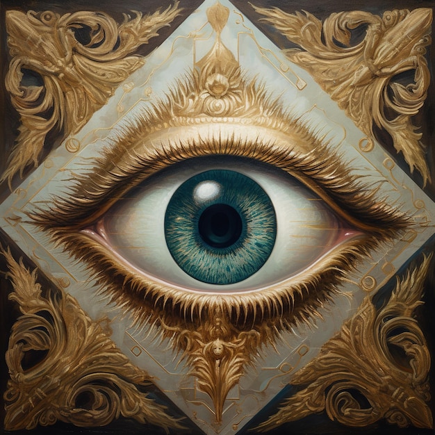 A painting of an eye with gold leaves and a gold leaf pattern