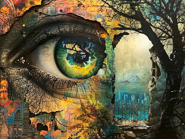 Photo a painting of an eye with a tree and a city in the background