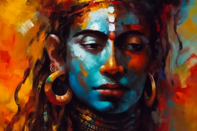 A painting of a face with a blue face and gold eyes