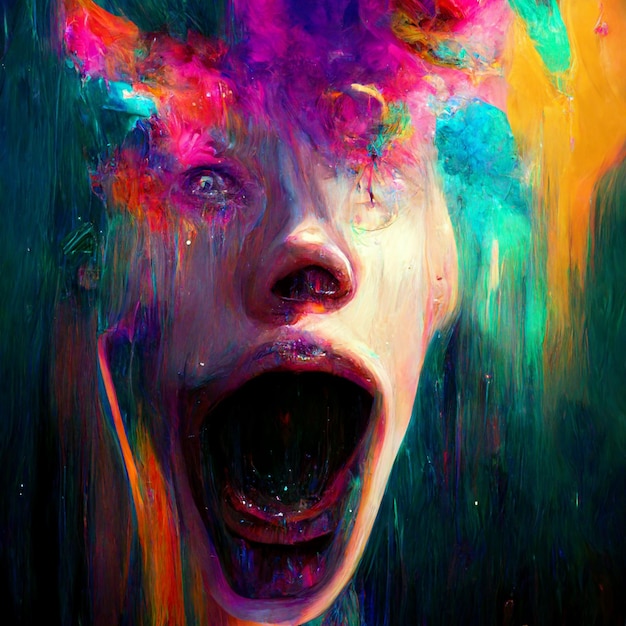 A painting of a face with a rainbow colored head and the word fear on it.